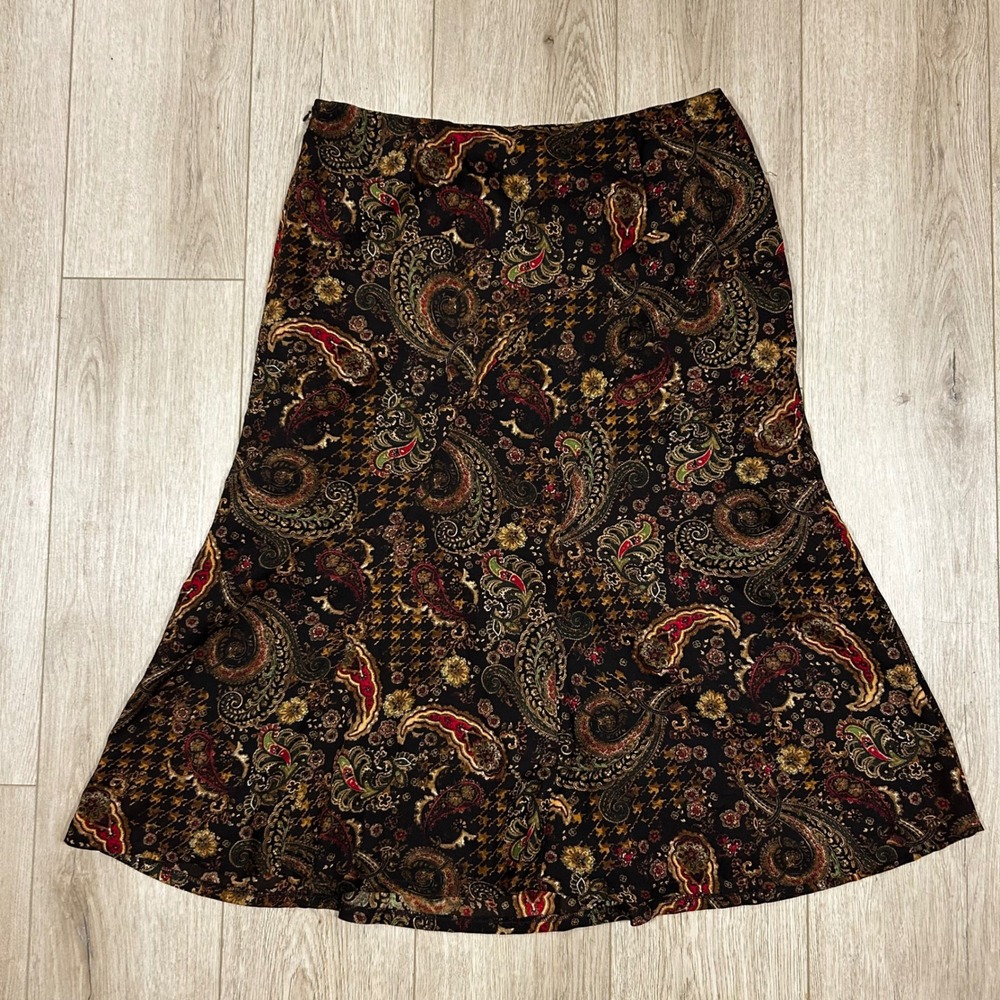 Y2K Kim Rogers‎ Signature Paisley Floral A-Line Skirt Black Brown Red 34" 14 L - Picture 5 of 5